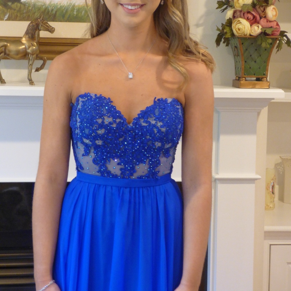 Blue Prom dress with lace and crystal detailing